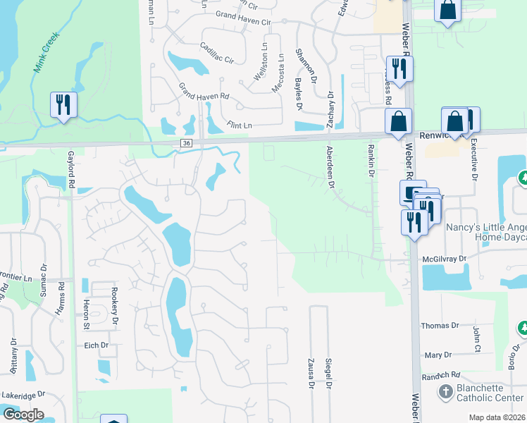 map of restaurants, bars, coffee shops, grocery stores, and more near 16060 Rosemarie Drive in Lockport