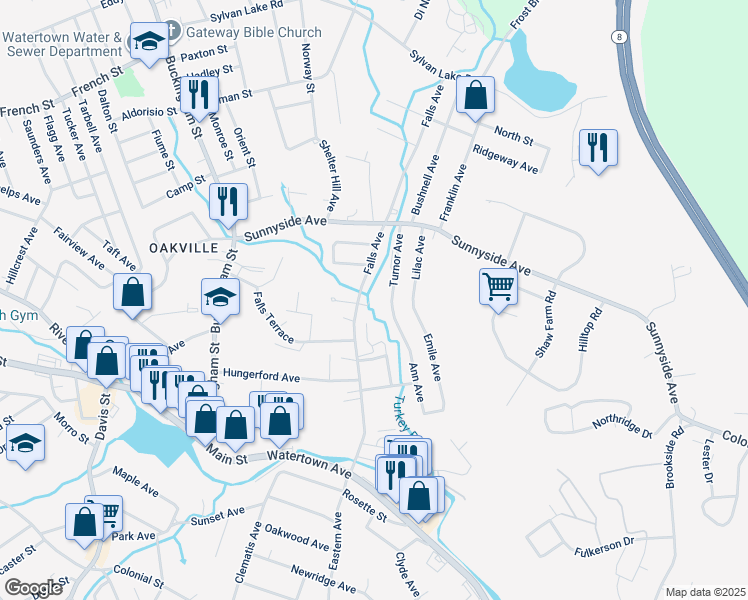 map of restaurants, bars, coffee shops, grocery stores, and more near 164 Falls Avenue in Watertown