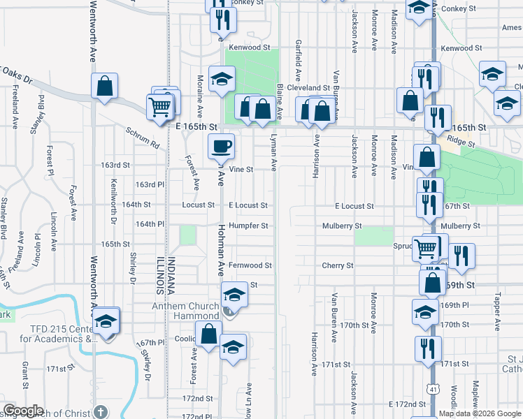 map of restaurants, bars, coffee shops, grocery stores, and more near 254 East Locust Street in Hammond