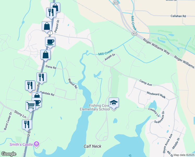map of restaurants, bars, coffee shops, grocery stores, and more near Grist Mill Road in North Kingstown
