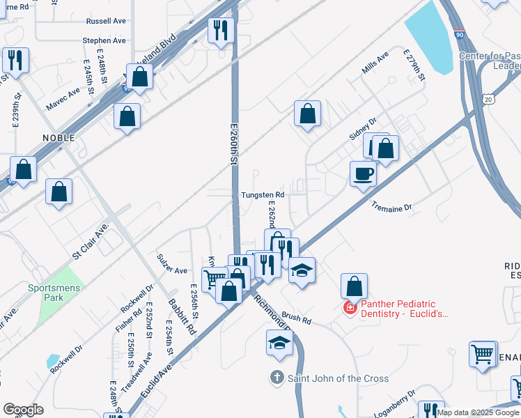 map of restaurants, bars, coffee shops, grocery stores, and more near 1455 East 260th Street in Euclid