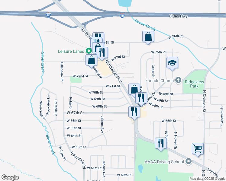 map of restaurants, bars, coffee shops, grocery stores, and more near 2619 West 71st Street in Davenport