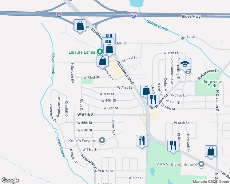 map of restaurants, bars, coffee shops, grocery stores, and more near 2803 West 71st Street in Davenport