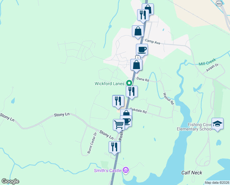 map of restaurants, bars, coffee shops, grocery stores, and more near 7565 Post Road in North Kingstown