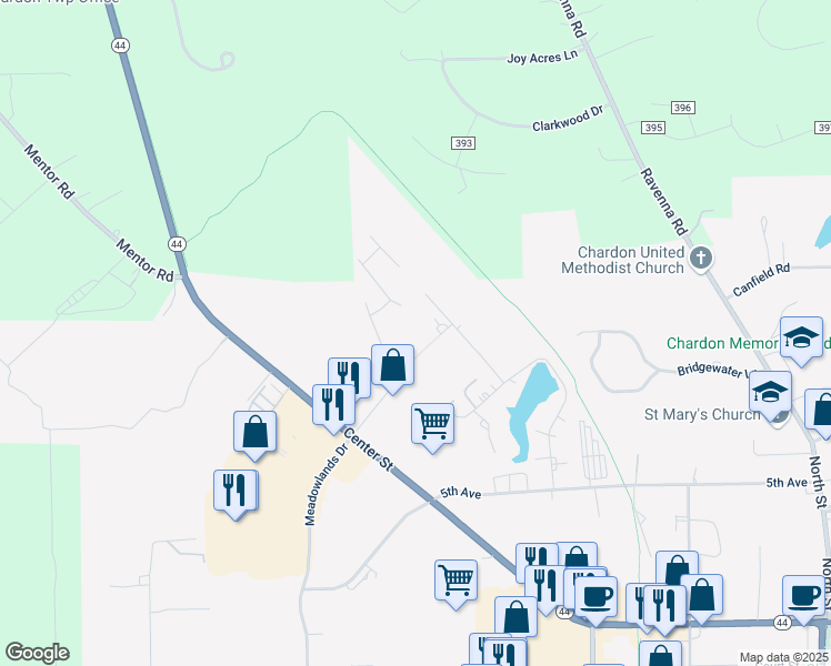 map of restaurants, bars, coffee shops, grocery stores, and more near 305 Park Drive in Chardon