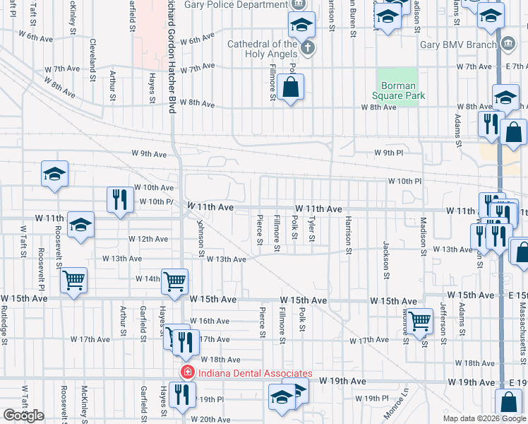 map of restaurants, bars, coffee shops, grocery stores, and more near 1108 W 11th Ave in Gary
