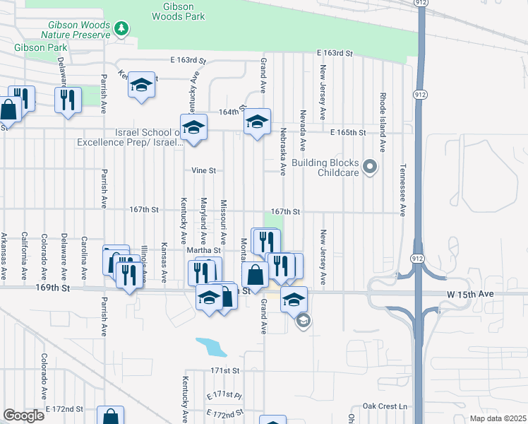 map of restaurants, bars, coffee shops, grocery stores, and more near 6650 Grand Avenue in Hammond