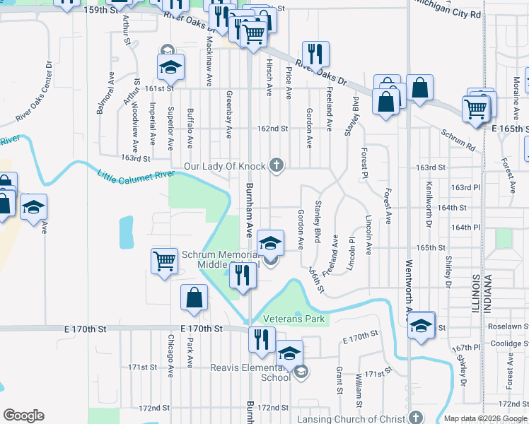 map of restaurants, bars, coffee shops, grocery stores, and more near 1448 Hirsch Avenue in Calumet City