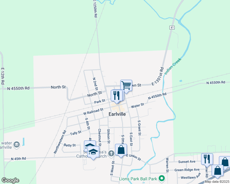 map of restaurants, bars, coffee shops, grocery stores, and more near 203 North East Street in Earlville