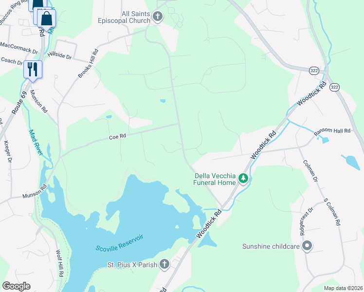 map of restaurants, bars, coffee shops, grocery stores, and more near 137 Bound Line Road in Wolcott