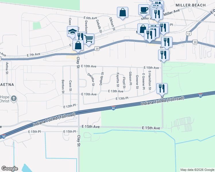 map of restaurants, bars, coffee shops, grocery stores, and more near 5237 East 11th Place in Gary