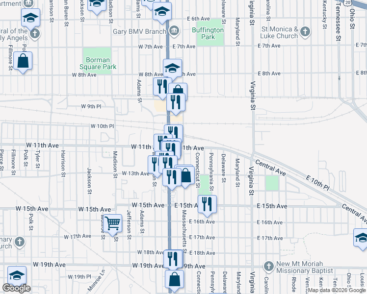 map of restaurants, bars, coffee shops, grocery stores, and more near 98 East 11th Avenue in Gary