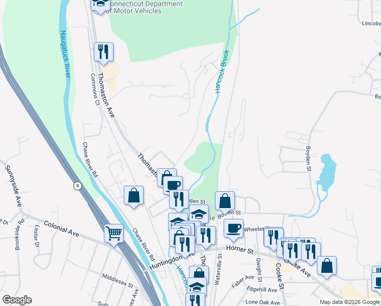 map of restaurants, bars, coffee shops, grocery stores, and more near 90 Sheffield Street in Waterbury