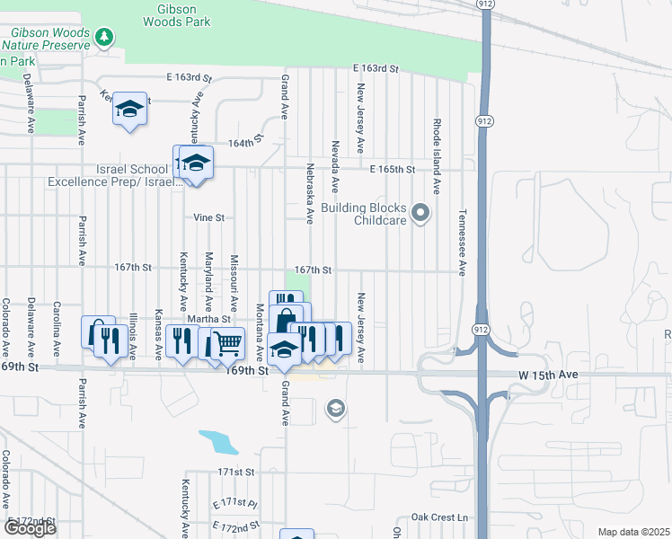 map of restaurants, bars, coffee shops, grocery stores, and more near 6699 Nevada Ave in Hammond