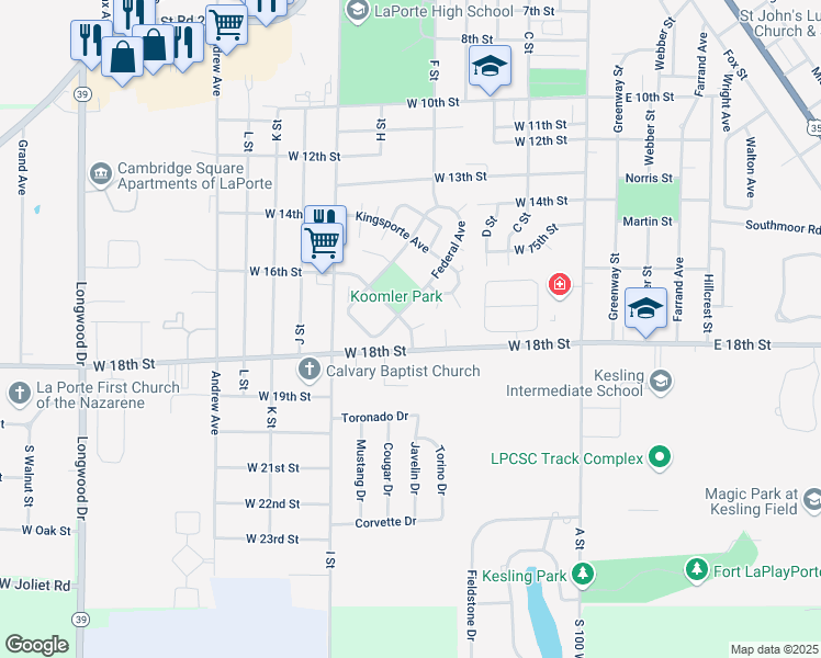 map of restaurants, bars, coffee shops, grocery stores, and more near 305 Miller St in La Porte