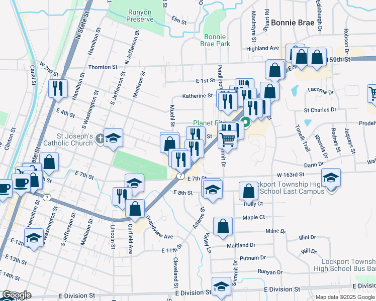 map of restaurants, bars, coffee shops, grocery stores, and more near 954 East 9th Street in Lockport