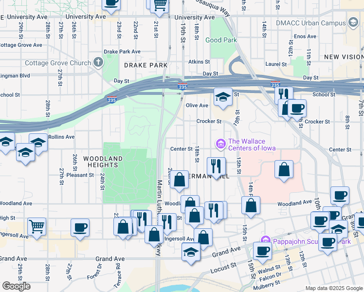 map of restaurants, bars, coffee shops, grocery stores, and more near 1815 Center Street in Des Moines