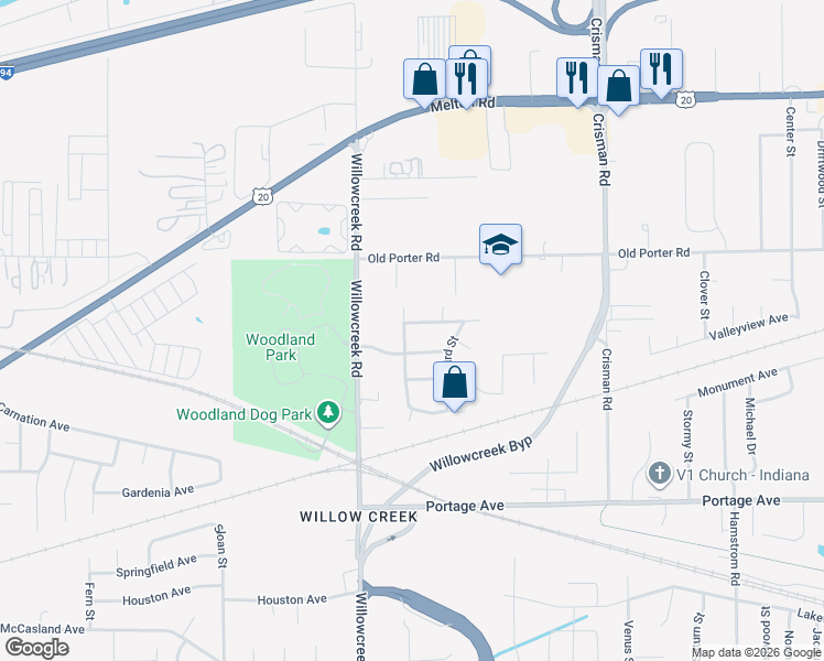 map of restaurants, bars, coffee shops, grocery stores, and more near 2055 Whippoorwill Street in Portage