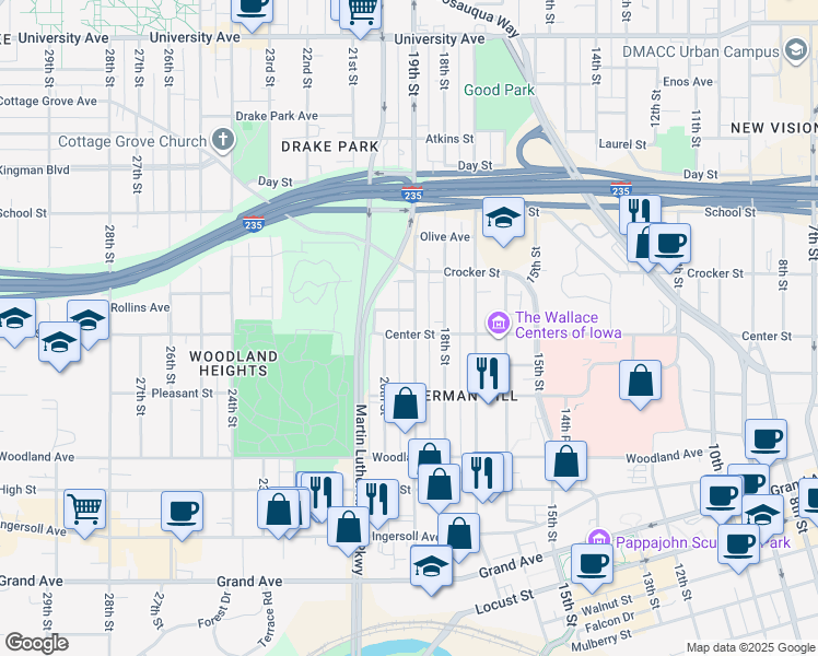 map of restaurants, bars, coffee shops, grocery stores, and more near 800 19th Street in Des Moines