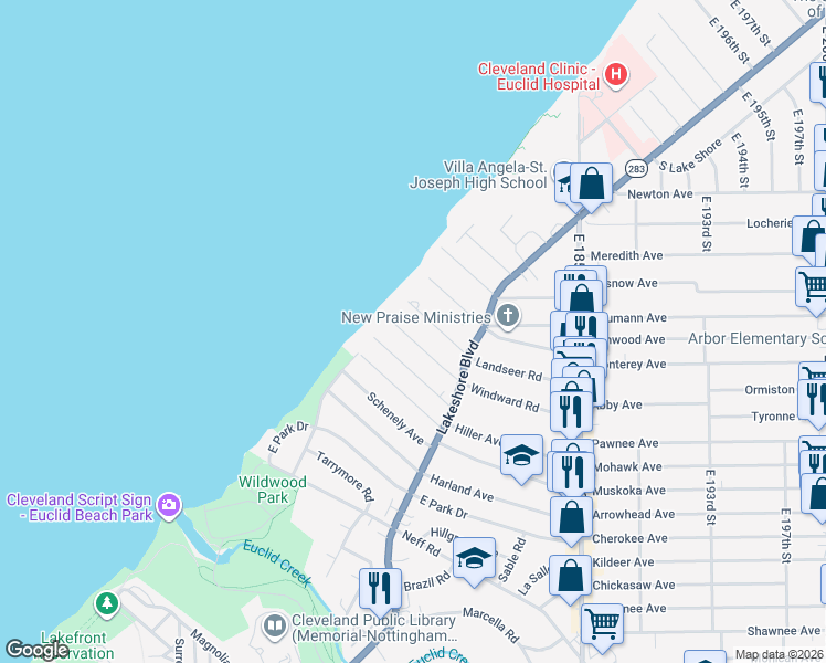 map of restaurants, bars, coffee shops, grocery stores, and more near 17813 Windward Road in Cleveland