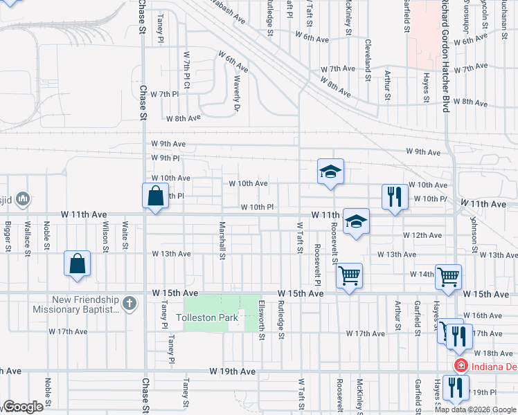 map of restaurants, bars, coffee shops, grocery stores, and more near 2401 West 10th Place in Gary