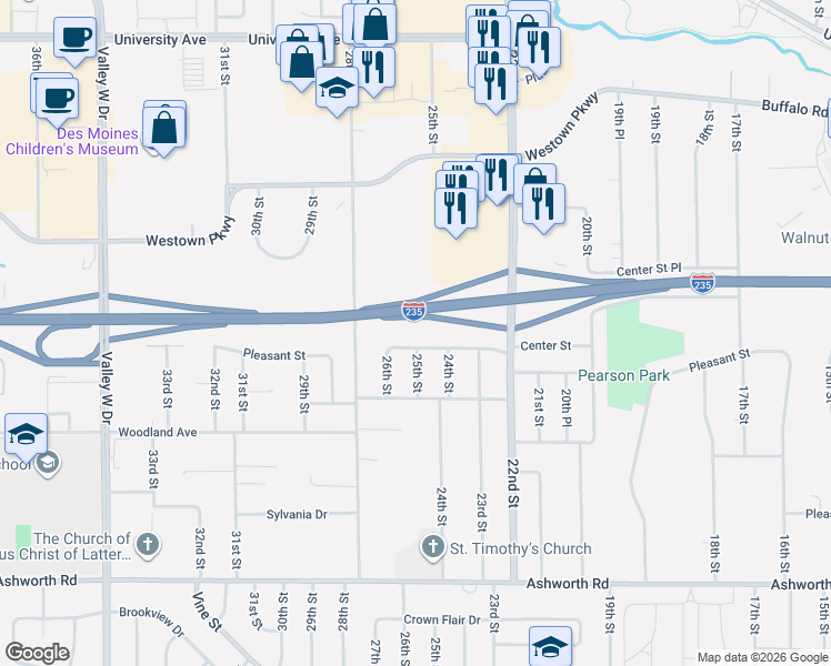 map of restaurants, bars, coffee shops, grocery stores, and more near 2421 Pleasant Street in West Des Moines