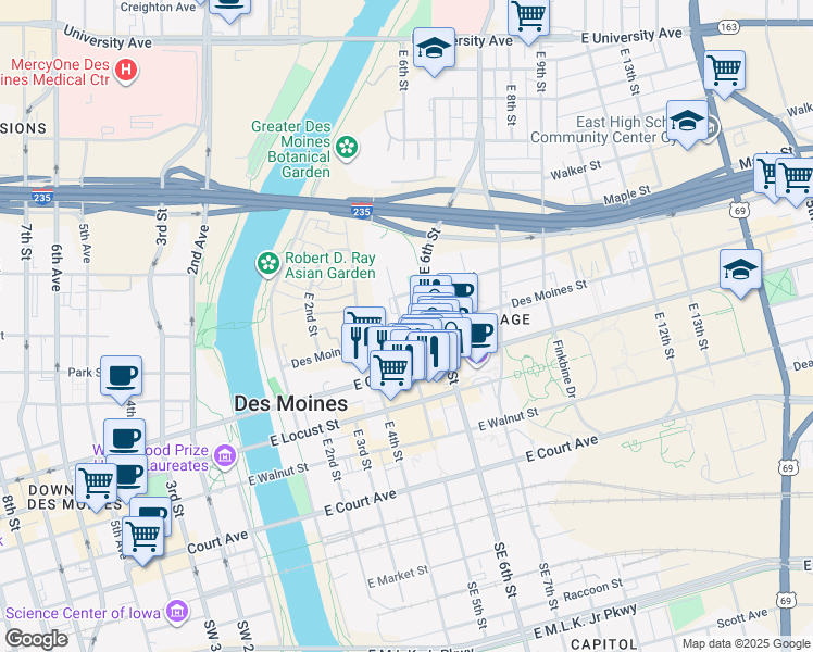 map of restaurants, bars, coffee shops, grocery stores, and more near 500 Des Moines Street in Des Moines