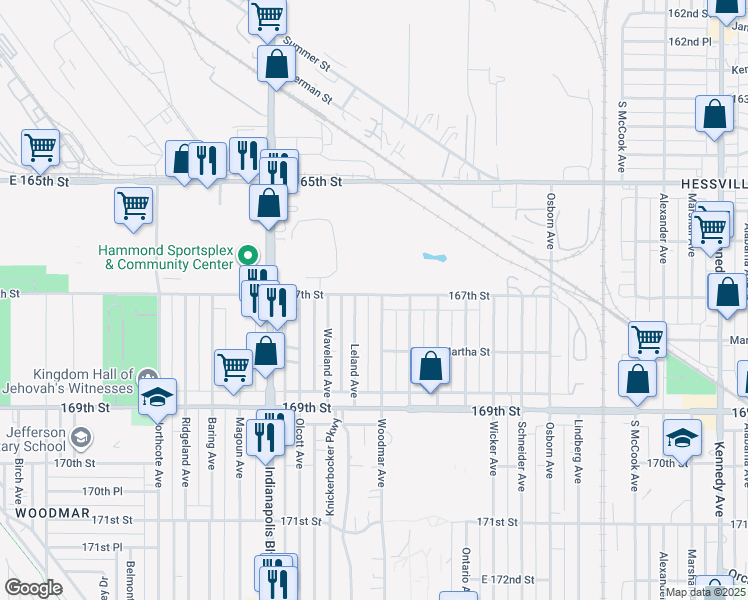 map of restaurants, bars, coffee shops, grocery stores, and more near 6704 Woodmar Avenue in Hammond
