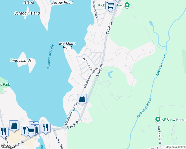 map of restaurants, bars, coffee shops, grocery stores, and more near 66 Old Marlborough Road in East Hampton
