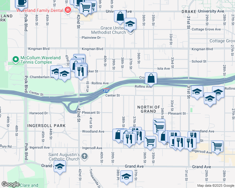map of restaurants, bars, coffee shops, grocery stores, and more near 3817 Center Street in Des Moines