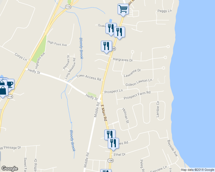 map of restaurants, bars, coffee shops, grocery stores, and more near 2267 East Main Road in Portsmouth