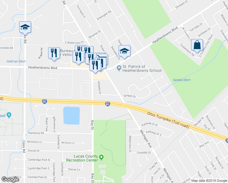 map of restaurants, bars, coffee shops, grocery stores, and more near 2630 Eastgate Road in Toledo