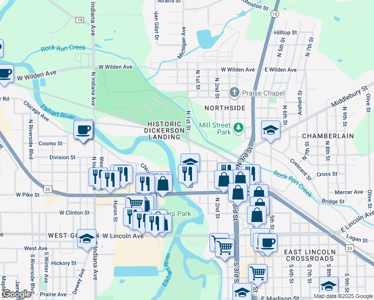 map of restaurants, bars, coffee shops, grocery stores, and more near 427 North 1st Street in Goshen