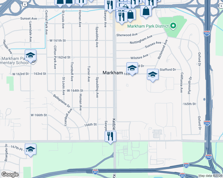map of restaurants, bars, coffee shops, grocery stores, and more near 16346 Kedzie Avenue in Markham