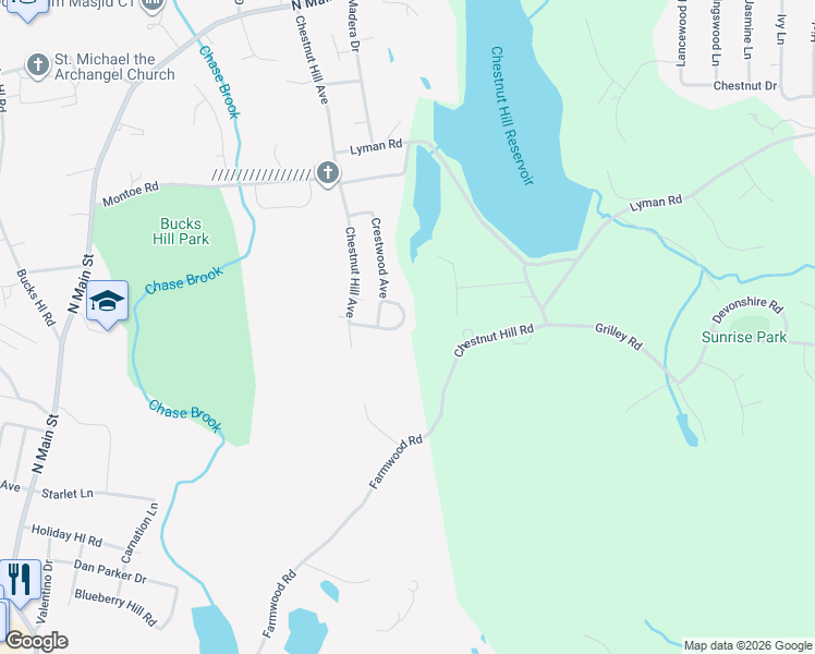 map of restaurants, bars, coffee shops, grocery stores, and more near 82 Cooper Drive in Waterbury