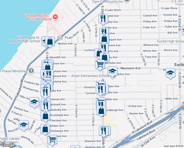 map of restaurants, bars, coffee shops, grocery stores, and more near 19800 Naumann Avenue in Euclid