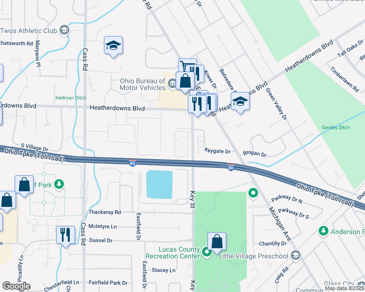 map of restaurants, bars, coffee shops, grocery stores, and more near 2454 Key Street in Toledo