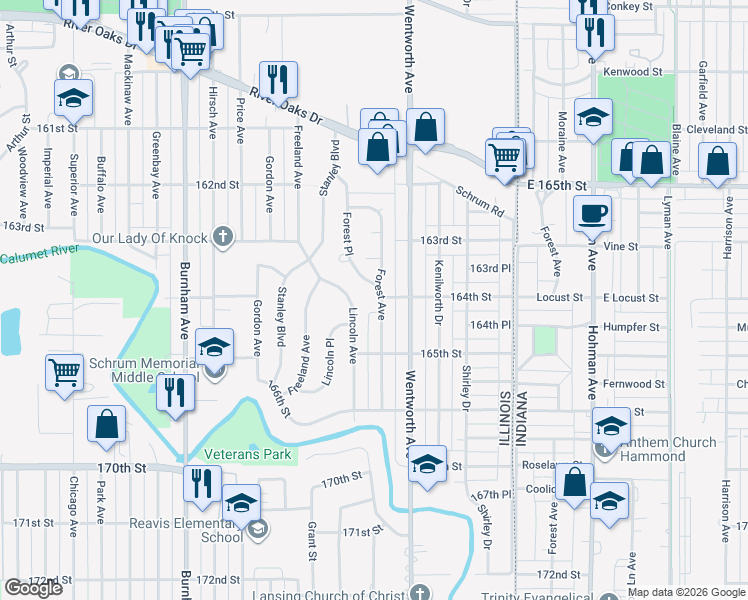 map of restaurants, bars, coffee shops, grocery stores, and more near 1449 Forest Avenue in Calumet City
