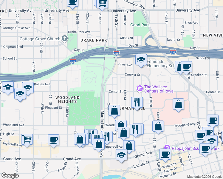 map of restaurants, bars, coffee shops, grocery stores, and more near 1921 Center Street in Des Moines