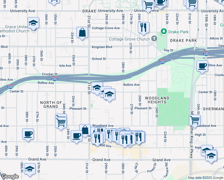 map of restaurants, bars, coffee shops, grocery stores, and more near 2823 Center Street in Des Moines