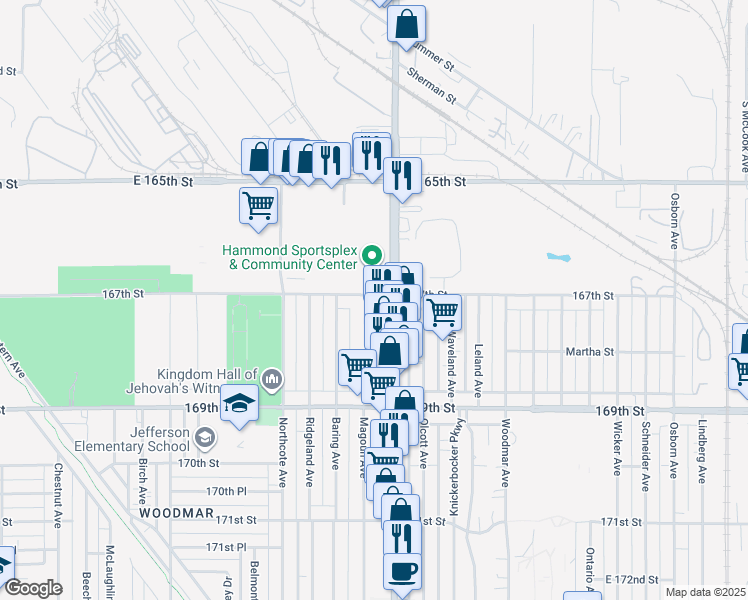 map of restaurants, bars, coffee shops, grocery stores, and more near 1936 167th Street in Hammond
