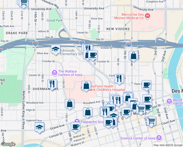 map of restaurants, bars, coffee shops, grocery stores, and more near 1201 Center Street in Des Moines