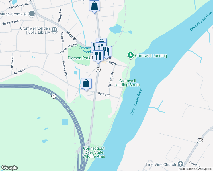 map of restaurants, bars, coffee shops, grocery stores, and more near 286 Main Street in Cromwell