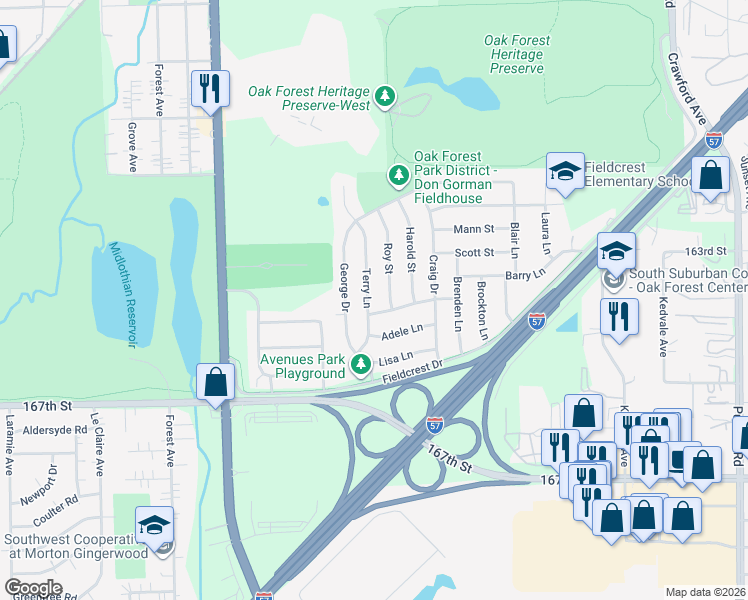 map of restaurants, bars, coffee shops, grocery stores, and more near 16468 Roy Street in Oak Forest
