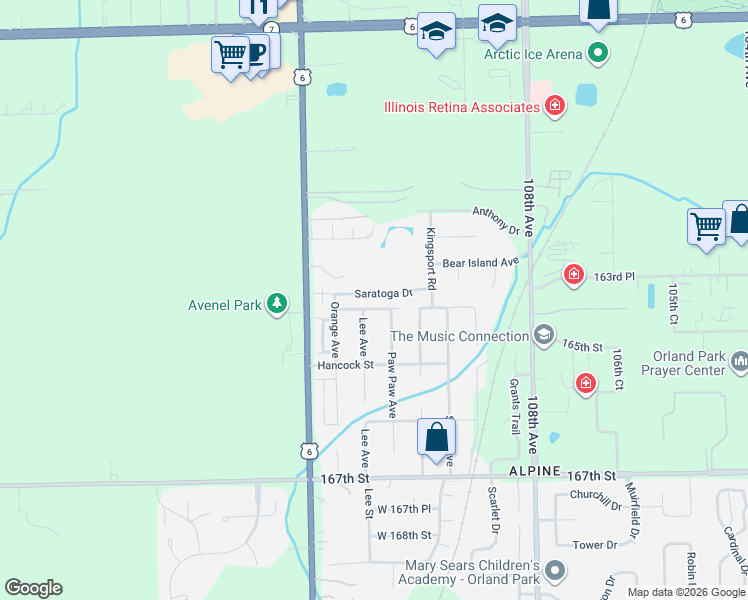 map of restaurants, bars, coffee shops, grocery stores, and more near 11041 Saratoga Drive in Orland Park