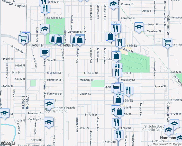 map of restaurants, bars, coffee shops, grocery stores, and more near 599 East Locust Street in Hammond