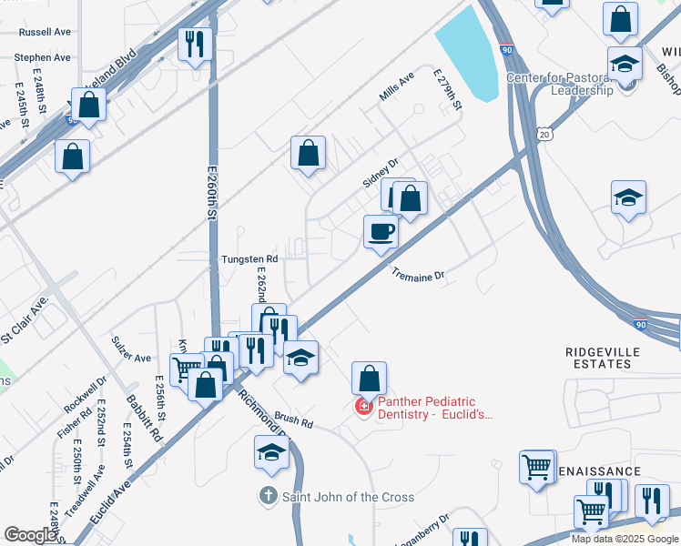 map of restaurants, bars, coffee shops, grocery stores, and more near 26630 Brush Avenue in Euclid