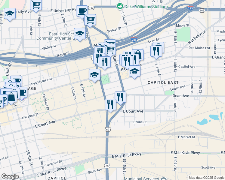 map of restaurants, bars, coffee shops, grocery stores, and more near 1424 East Walnut Street in Des Moines