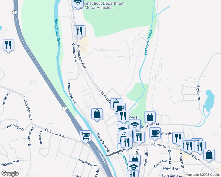 map of restaurants, bars, coffee shops, grocery stores, and more near 27 Driggs Street in Waterbury