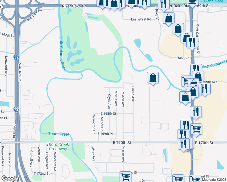 map of restaurants, bars, coffee shops, grocery stores, and more near 16660 Merrill Avenue in South Holland
